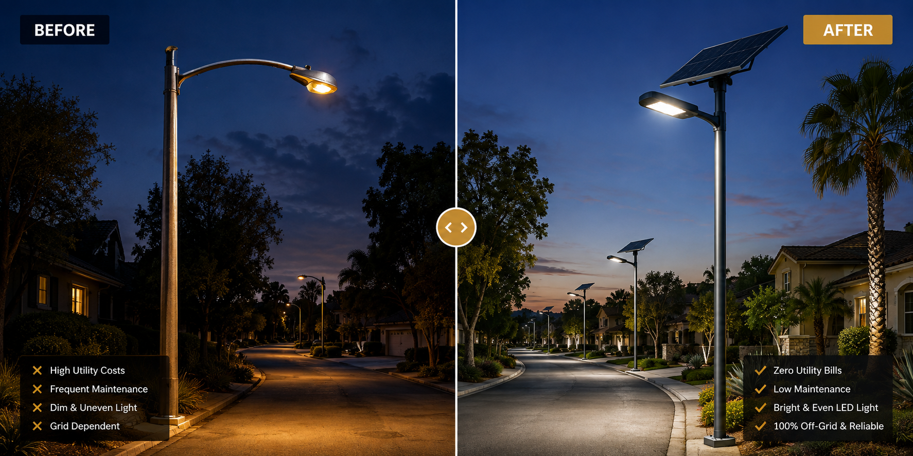 Before and after utility street light compared with solar LED street lighting