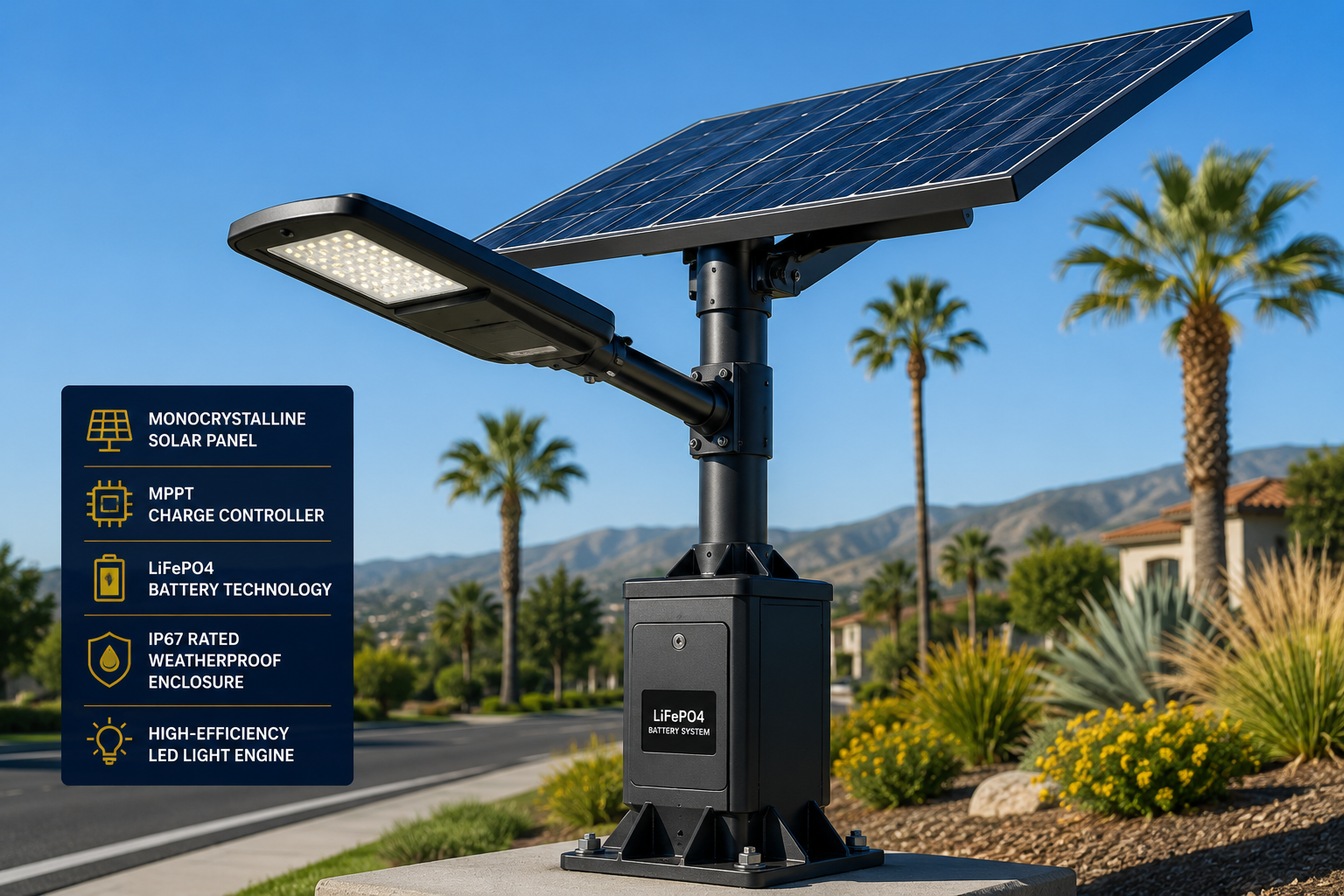 California commercial solar street light with monocrystalline solar panel and battery housing