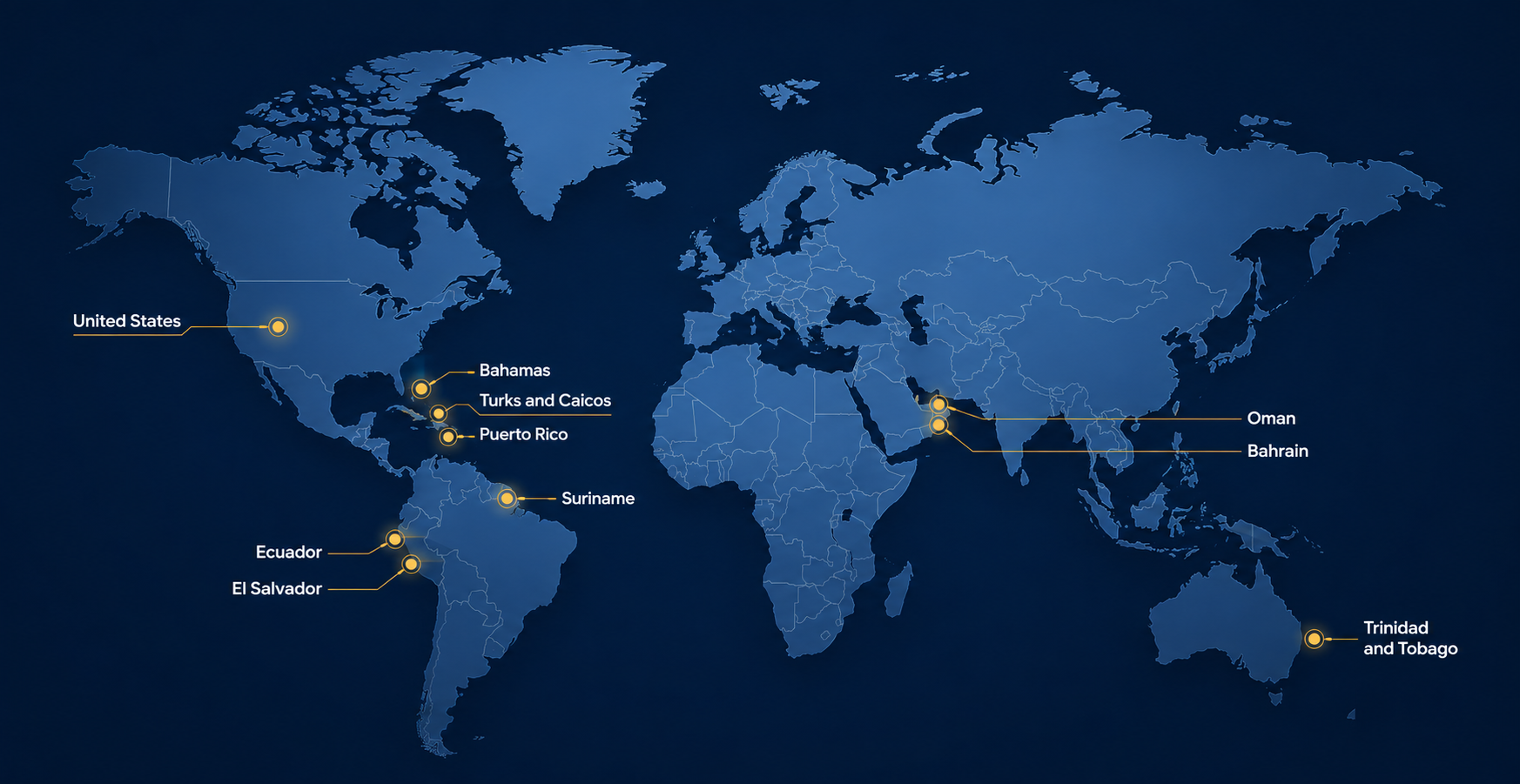 Solar Lighting International global presence across the United States, Bahamas, Puerto Rico, Turks and Caicos, Trinidad and Tobago, Suriname, El Salvador, Ecuador, Oman and Bahrain